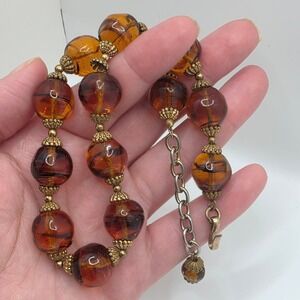 Vintage Amber Mottled Glass Beaded Choker Necklace Brass Filigree 15 Inch‎ MCM